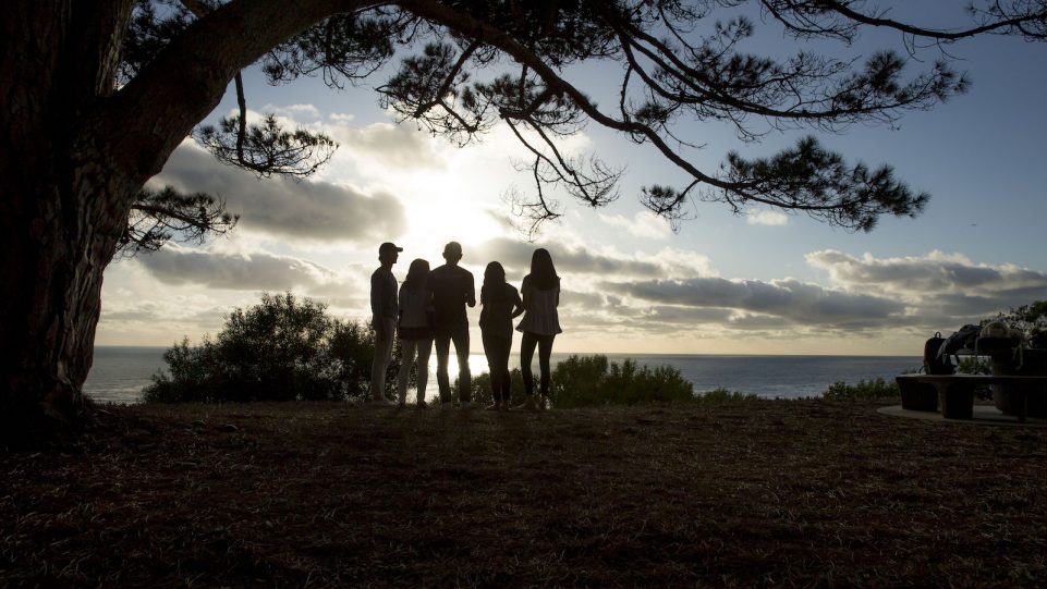 Silhouette of a Group of Five Students Against the Backdrop of a Waning Sun and the Pacific Ocean